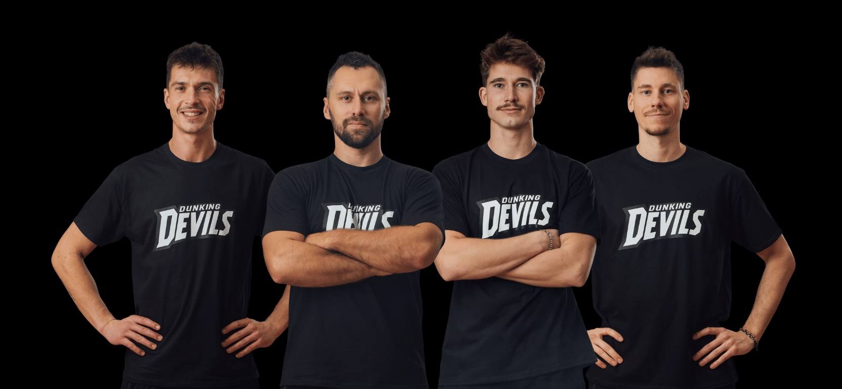 The Dunking Devils office team — Tadej Ambrožič, Marko Knafelc, Peter Vitamvas and Janez Hojan — in black Dunking Devils T-shirts.