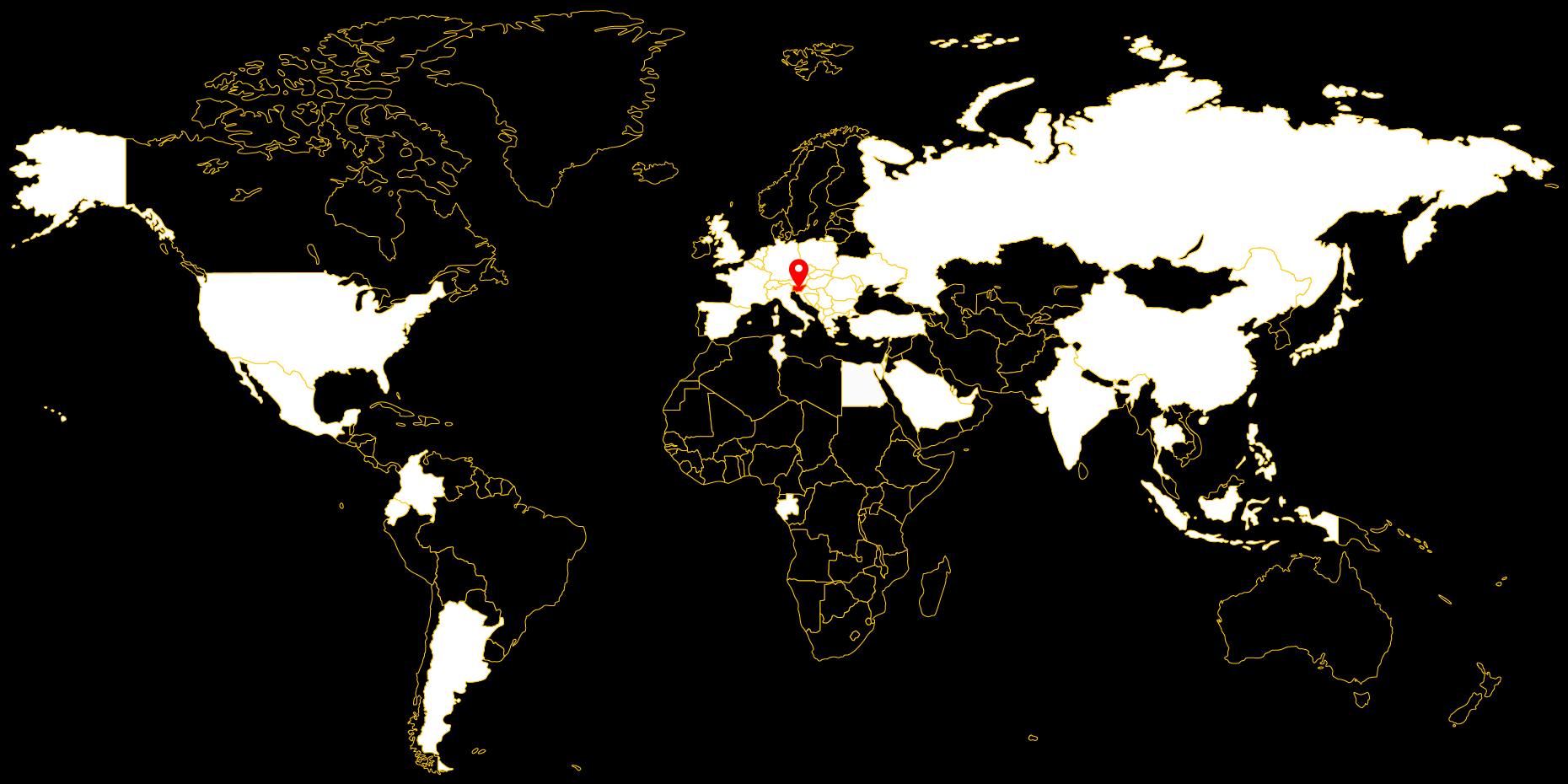 World map of Dunking Devils performances: countries where we have performed in white, planned countries in black, and our home in Slovenia marked with a red pin.