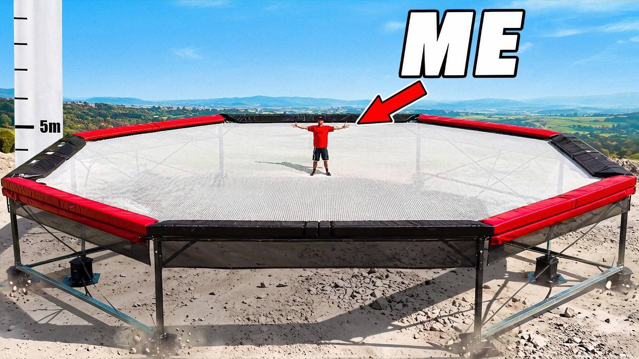 An athlete standing in the middle of a giant octagonal trampoline, with a height scale marked at the side.