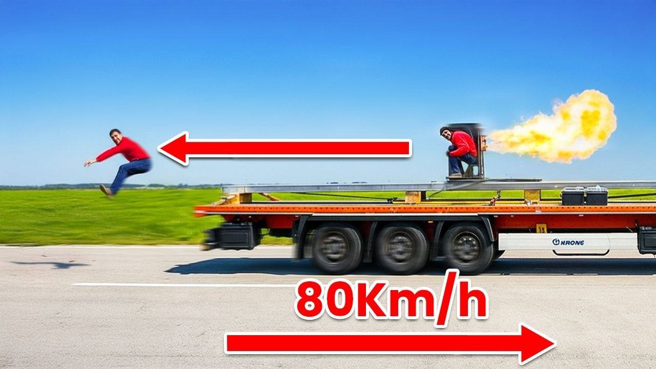 An athlete launched backwards from a seat on a moving flatbed truck, labelled 80 km/h.