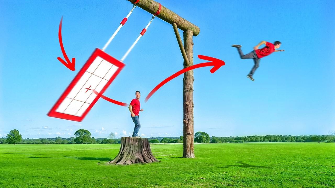 A trampoline hung from a wooden frame like a giant racket, launching a person through the air.